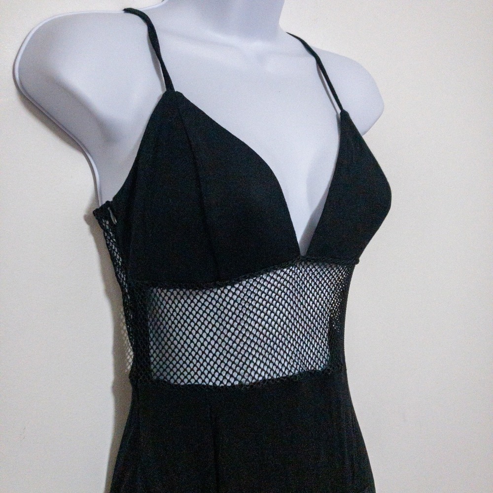 Whimsigoth Grunge Maxi Dress Womens Small Black Mesh Metal Fish Net New Romwe